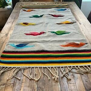 Vintage Wall Tapestry Hand Woven Rug 29 x 61" Striped Colorful Birds Tasseled